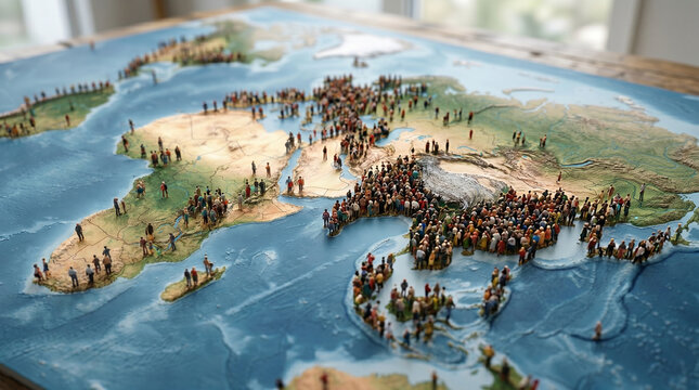 Conceptual image of countless miniature people standing detailed map representing population density and geographic distribution with emotional