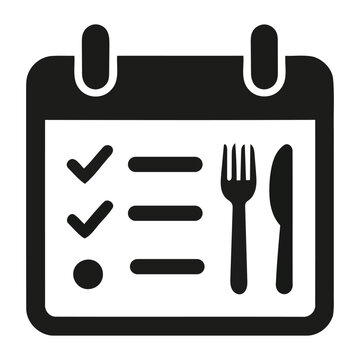 Food menu icon depicting a calendar with cutlery a flat black and white graphic dining restaurant schedule date planner fork