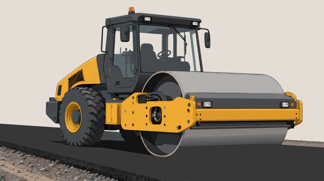 A clean flat vector illustration of a yellow road roller compactor machine flattening fresh black asphalt, perfect for road construction, engineering, infrastructure, and transport designs.