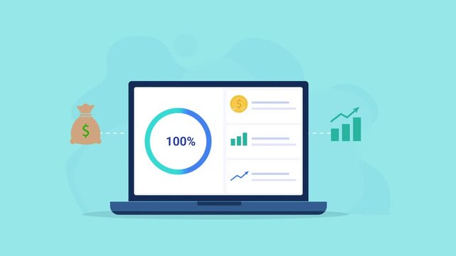 Animated flat vector illustration of a laptop displaying a business revenue dashboard with profit, analytics charts, and financial metrics. Modern revenue tracking, business performance, and finance t