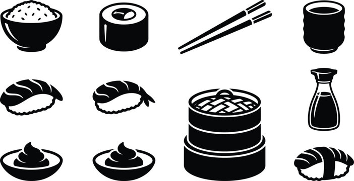 Japanese cuisine icons featuring sushi rice bowl dim sum and chopsticks in a black silhouette style ramen dimsum maki nigiri