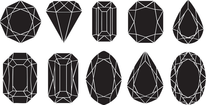 Black and white geometric gemstone shapes isolated