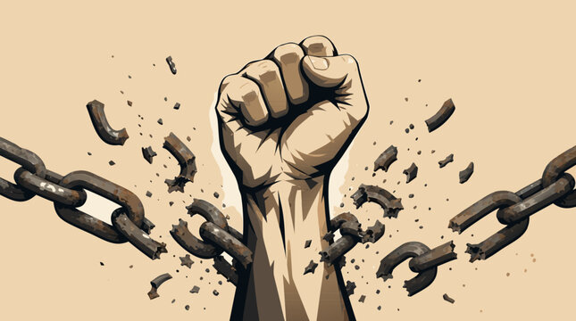 A clean flat vector illustration of a powerful raised fist breaking free from iron chains with fragments flying, perfect for freedom, protest, empowerment, and social justice designs.
