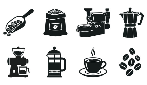 Coffee related equipment silhouettes against a white background a collection of black vector icons arabica bean beans brewing cafe caffeine