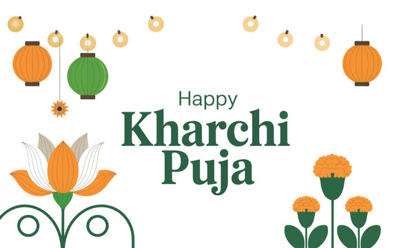 Happy Kharchi Puja modern flat vector banner with geometric lotus flower hanging lanterns and marigold illustration