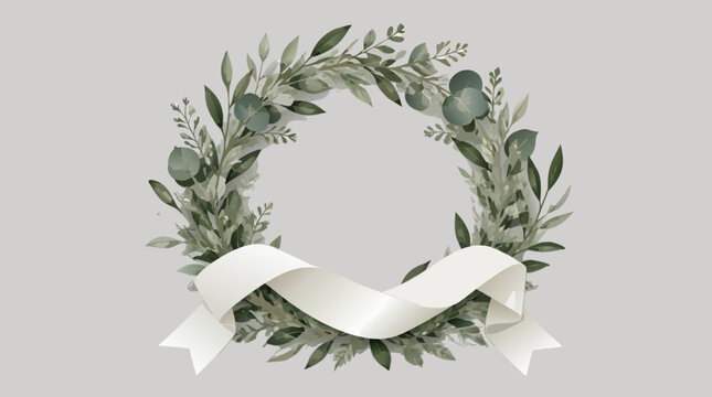 A clean flat vector illustration of a circular eucalyptus leaf memorial wreath with a soft white blank ribbon, ideal for funeral tribute, remembrance, memorial day, and condolence card designs.