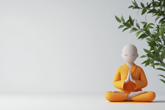 Meditating monk character in orange robe, peaceful expression, surrounded by greenery, serene atmosphere, minimalist design