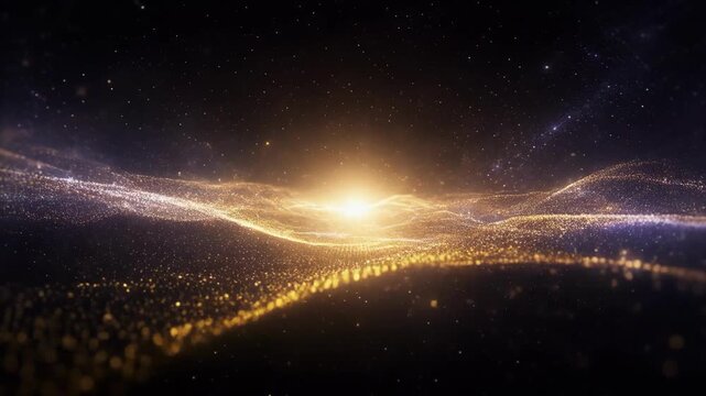 Abstract glowing wave of golden particles with sparkling light effects