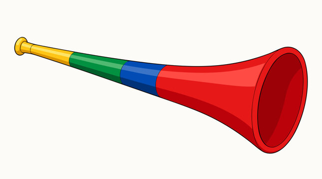 A clean flat vector illustration of a colorful plastic vuvuzela stadium horn in bright red, blue, green, and yellow sections, ideal for soccer fan culture, sports events, and South African football de