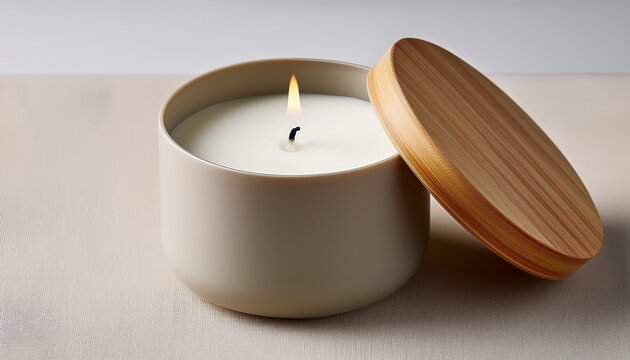 a minimalist shot of a luxury soy wax candle in a matte ceramic holder with a wooden lid