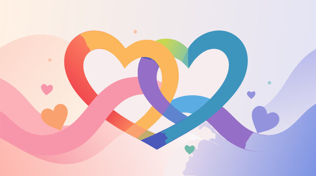 Two intertwined rainbow gradient hearts on a pastel lavender background representing love is love LGBTQ pride unconditional love and inclusive relationships flat vector illustration