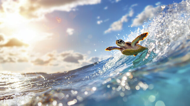Brave little turtle surfing waves under bright sun, showcasing its adventurous spirit and beauty of nature