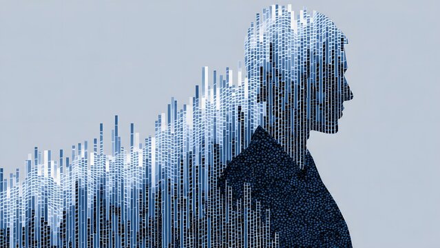 Stylized profile of human face composed of vertical digital data bars and blue light particles symbolizing machine learning and artificial intelligence integration into modern human identity.