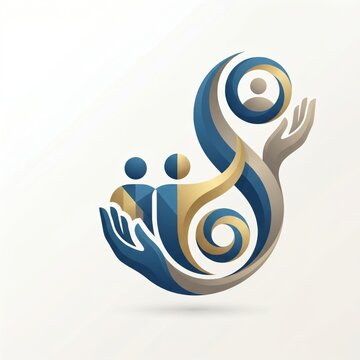 Abstract family care icon with hand protecting people logo on white background