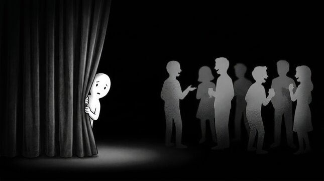 Person peeking from behind curtains with crowd in the background on stage with spotlight