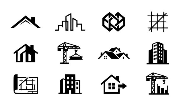 Modern abstract building symbol vector clipart set with minimalist clean outline real estate house property construction and corporate logo graphics black and white