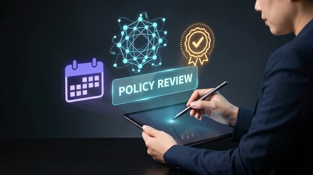 Business Woman Writes on Tablet with Stylus to Review Insurance Policy, Verify Quality Standards, Schedule Important Dates, and Approve Compliance Records