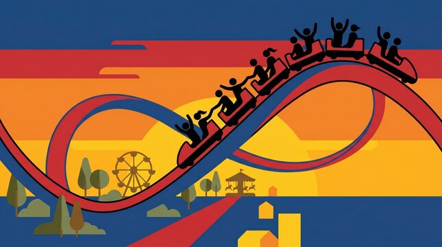 Roller coaster silhouette with people at amusement park banner background