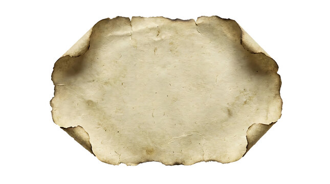 Old vintage parchment paper sheet with burnt curled edges. Antique document concept illustrating historical message scroll. Suitable for rustic scrapbooking layouts. Transparent PNG