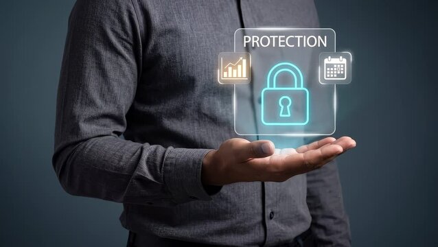 Business Man Presents Open Hand to Display Security Padlock, Show Data Protection, Reveal Performance Charts, and Manage Schedule Calendar