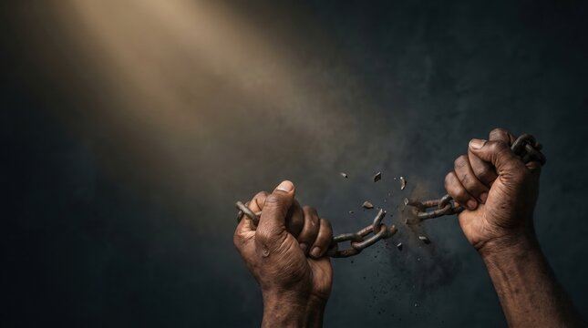 Hands breaking old iron chain apart under light beam in a  remembrance slave trade concept