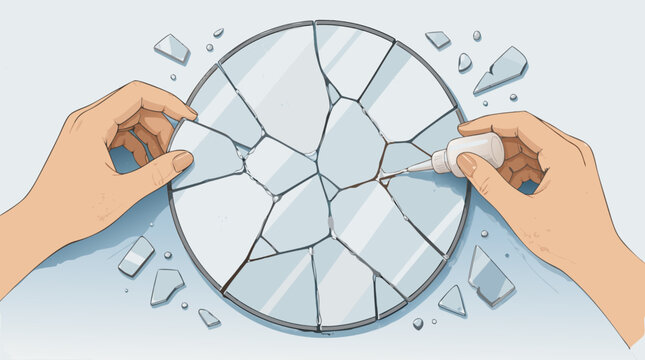 Pair of hands using a glue bottle to carefully reassemble shattered circular mirror pieces, ideal for healing and repair concepts in a clean flat vector illustration.