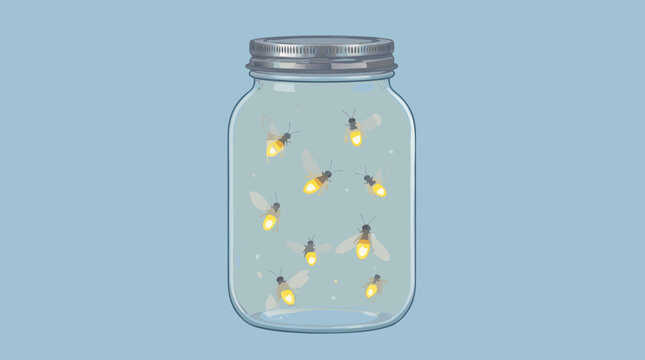 Glass mason jar with a metal lid containing glowing fireflies against a blue night background, ideal for nature and magical concepts in a clean flat vector illustration.