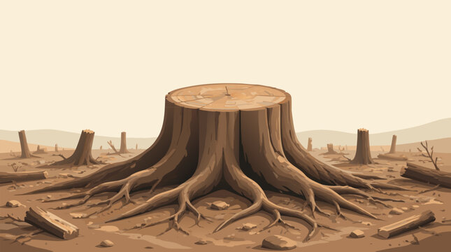 Large tree stump with visible growth rings surrounded by scattered stumps and barren land, ideal for deforestation and environmental concepts in a clean flat vector illustration.