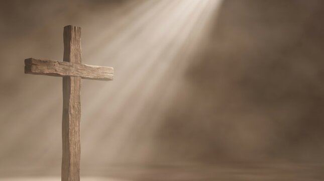 Wooden Christian cross in bright divine light beam with smoke background 