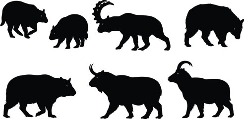 Obraz premium Wild animal silhouettes collection isolated on white background, black mammal shapes vector set, wildlife illustration, nature animal design elements