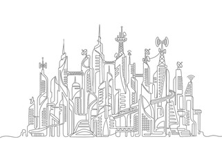 Obraz premium Continuous single line drawing of a futuristic sci-fi city skyline with tall communication towers.
