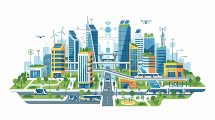 Fototapeta premium A futuristic cityscape with sustainable architecture and green spaces featuring sleek skyscrapers wind turbines and f