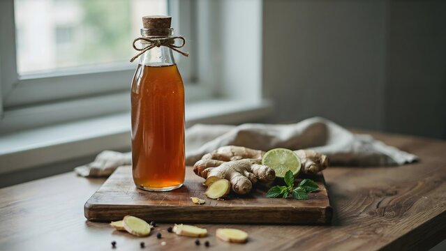 Glass bottle of ginger extract with fresh ginger and lime on wooden cutting board