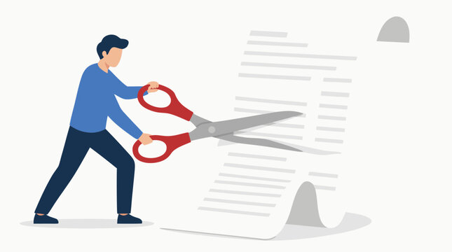 A faceless person cuts through a tall stack of tax documents with giant red scissors, symbolizing tax reduction, expense cutting, and financial simplification as a flat vector illustration.