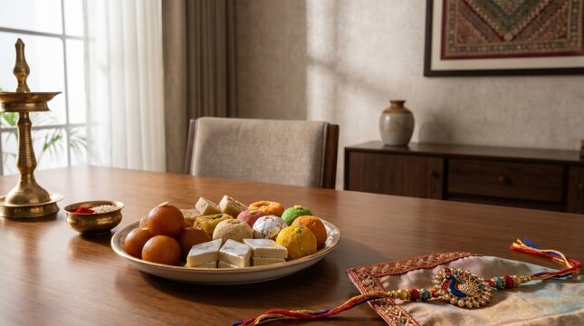 Raksha Bandhan festival table decoration with rakhi thread and indian sweet thali