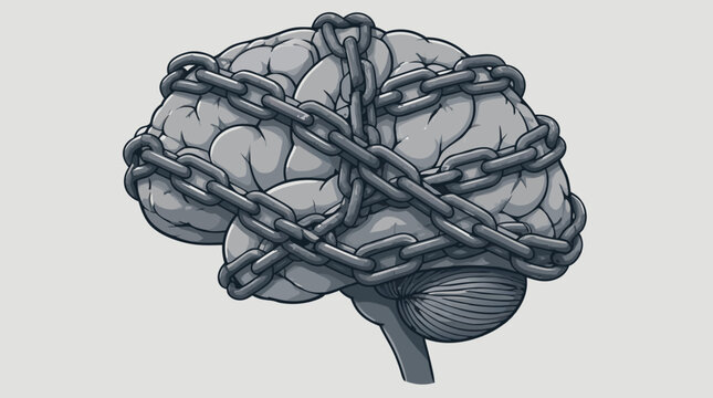 A human brain wrapped tightly in heavy iron chains conveys mental confinement, psychological pressure, limited thinking, and emotional restriction as a flat vector illustration.