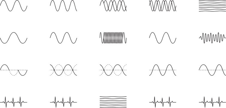 Vector Illustration Sound wave line icons set including frequency signal oscillation audio pulse heart rate and electromagnetic wave patterns.