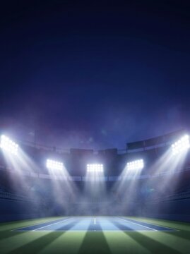 Empty cricket stadium field at night with bright spotlights and smoke effect