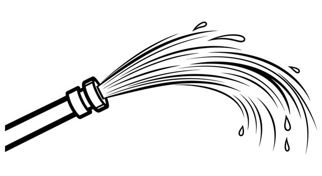 Simple black and white vector graphic illustration showing a garden hose spraying water with motion