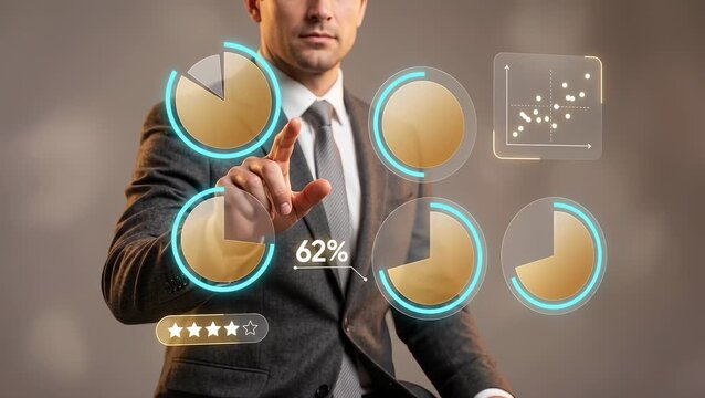 Business Man Touches Screen to Analyze Pie Charts, Review Data Distribution, Track Rating Scores, and Monitor Performance Statistics