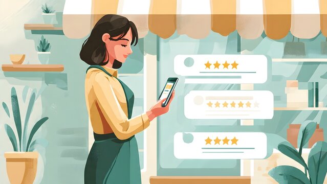 Woman checking product ratings on smartphone in boutique shop with five star review notifications and soft watercolor style background showing shelves with plants and retail merchandise.