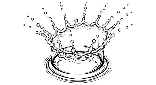 Detailed black and white vector illustration of a liquid water crown splash with dynamic circular ripples