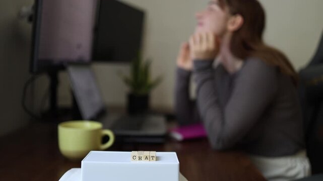 Artificial Intelligence helps woman quickly solve a difficult problem delivering clear answers boosting confidence and making complex work easier and faster