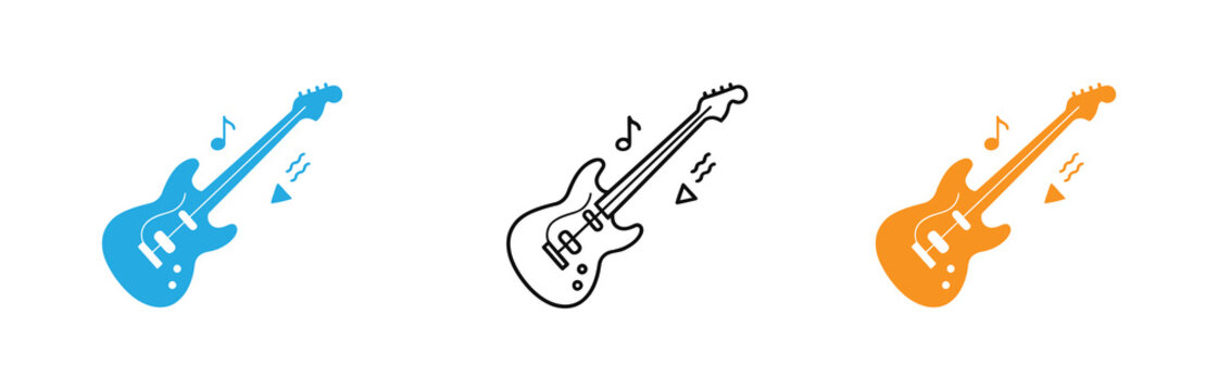 Electric guitar icons in blue, Black, And orange with music notes and sound waves vector illustration  .