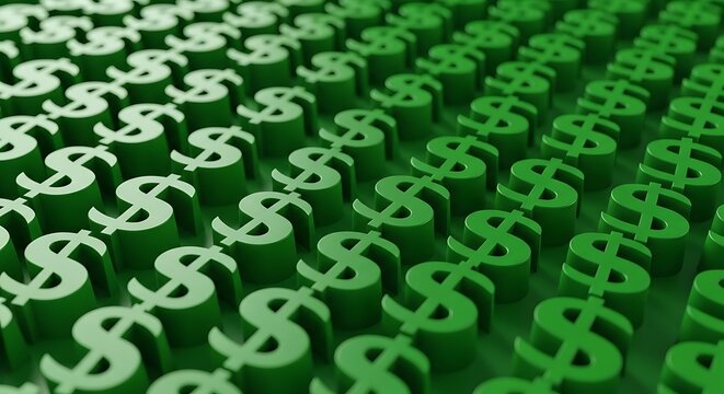 Close up of repeating dollar signs pattern in vibrant neon green on black background
