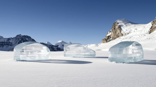 Ephemeral architecture features three ice structures in snowy landscape, showcasing unique designs against mountain backdrop