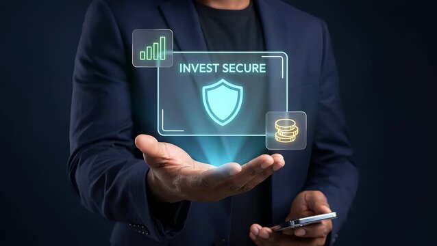 Business Man Presents Open Hand to Display Secure Investment Shield, Show Financial Growth Chart, Reveal Savings Coins, and Manage Wealth Protection
