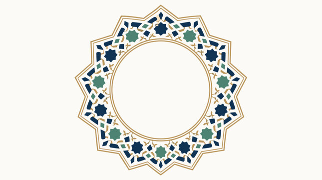 A circular Islamic geometric badge features an ornate star pattern in navy, teal, and gold tones, representing Islamic art, culture, and traditional geometric design as a flat vector illustration.