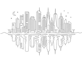 Fototapeta premium Continuous single line drawing of modern city skyline with reflection.