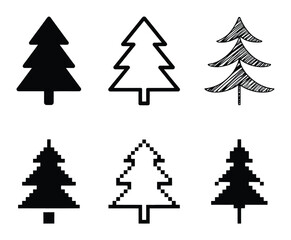 Obraz premium A collection of six diverse pine tree featuring solid, outlined, hand-drawn, and pixel styles